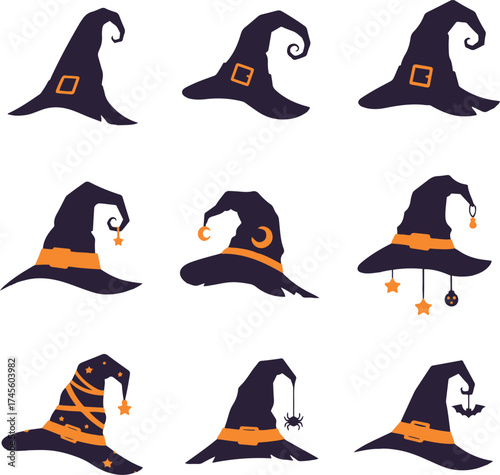This illustration showcases a captivating collection of nine distinct pixel art witch hats, each rendered with charming retro aesthetics.