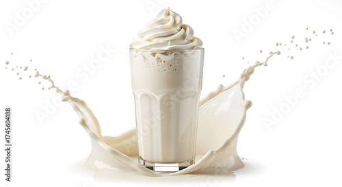 Refreshing vanilla milkshake with a splash of milk and whipped cream isolated on white background