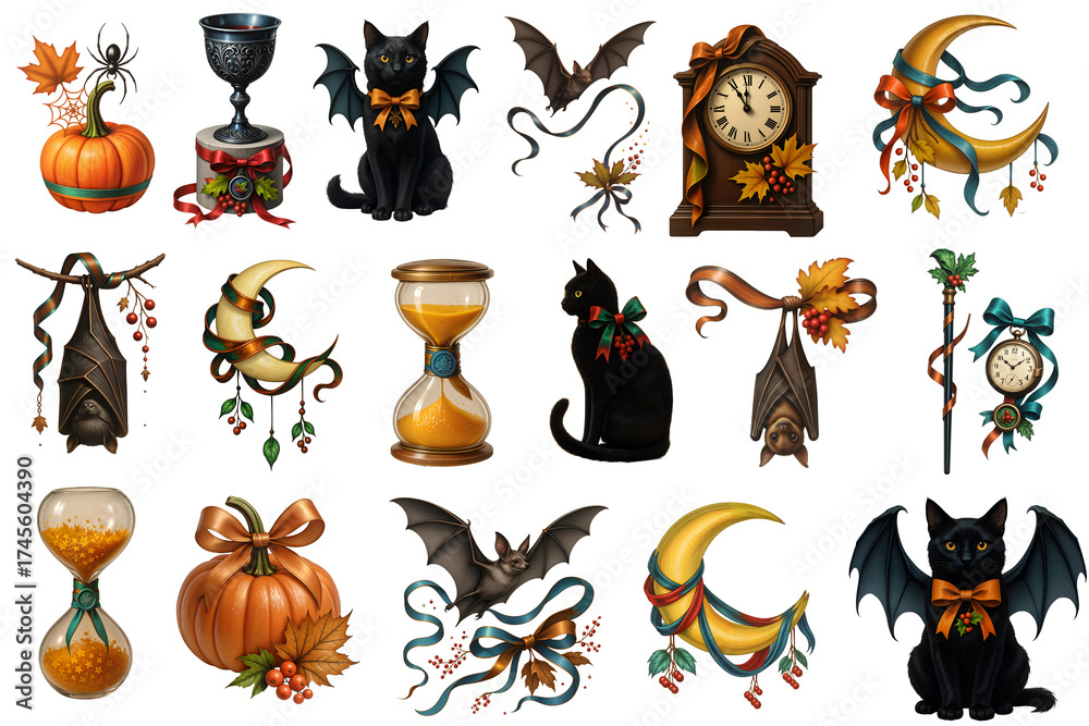 Fototapeta premium Halloween set of 17 elements with black cats bats pumpkins moons clocks ribbons and hourglasses 