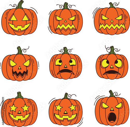 This illustration features a grid of nine orange pumpkins, rendered in a distinct pixel art style.