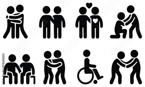 Friendship Care Symbol – stick figure family and community icons vector, people silhouettes showing friendship, parenting and social support, helping and emotional care activities
