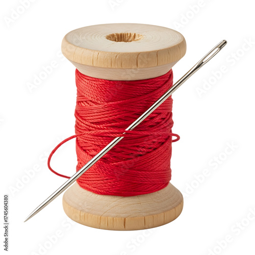 Wooden thread spool wrapped with red thread and threaded metallic sewing needle on black background