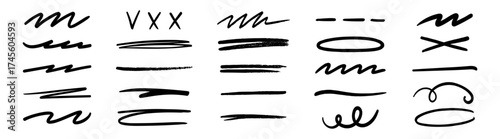 Abstract black marker and brush strokes set, hand drawn underline and scribble texture elements, grunge graffiti art lines and curves for modern graphic design on transparent background.