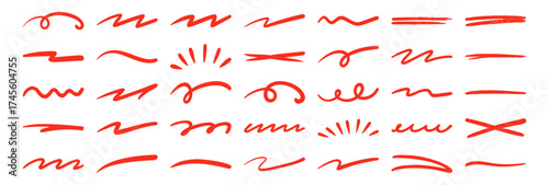 Red brush and marker stroke set, underline and doodle lines with scribbles, crayons and chalk texture elements for graphic design on transparent background.