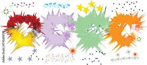 Colorful Abstract Explosion Art: Vibrant Red, Yellow, Purple, Green, & Orange Bursts with Starry Accents on White Background