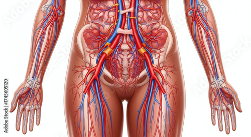 Female Circulatory System Anatomy with Veins, and Arteries.