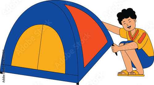 illustration of man setting up a camping tent