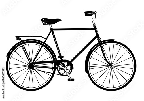 A black and white illustration of a vintage bicycle with a classic frame, saddle, handlebars, and wheels.