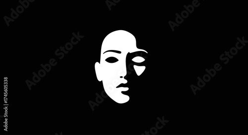 Stark black and white graphic illustration of a human face with dramatic chiaroscuro lighting, emphasizing shadows and highlights on one side of the visage a...