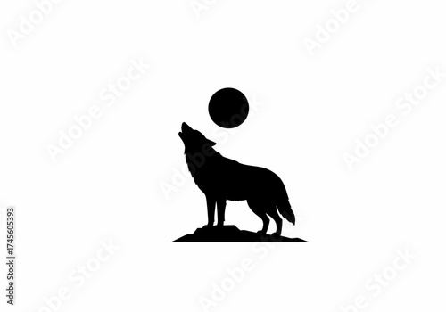 Silhouette of a howling wolf standing on a small hill under a full moon.