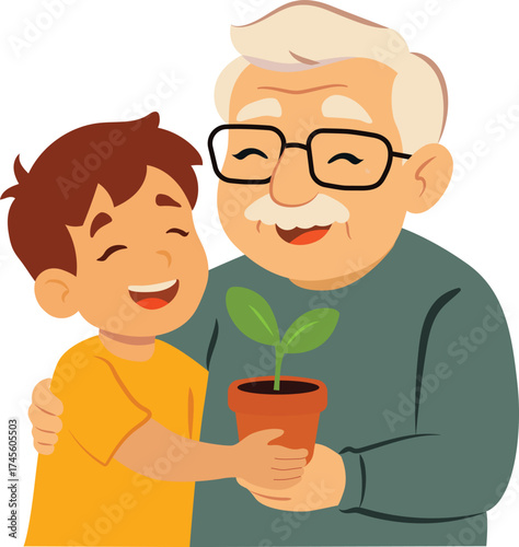 Flat-style vector illustration of an elderly man and his young grandson holding a small green plant with soil in their hands, representing family values, sustainability, environmental care, 