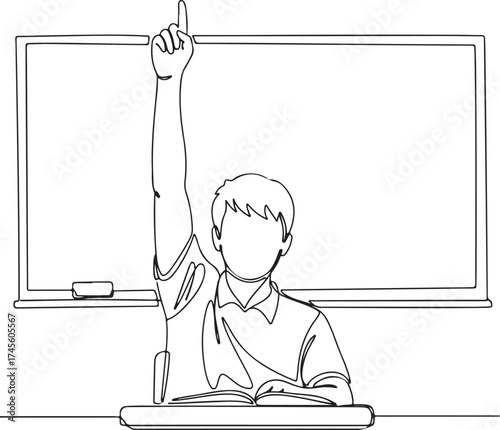Student raising hand in classroom setting