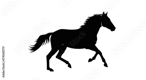 Silhouette of a powerful black horse in full stride, showcasing its muscular physique and flowing mane against a clean white background.