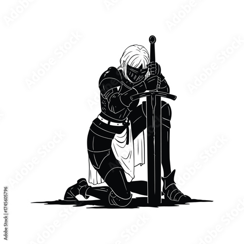 A solitary knight in full armor kneels with a sword resting on the ground