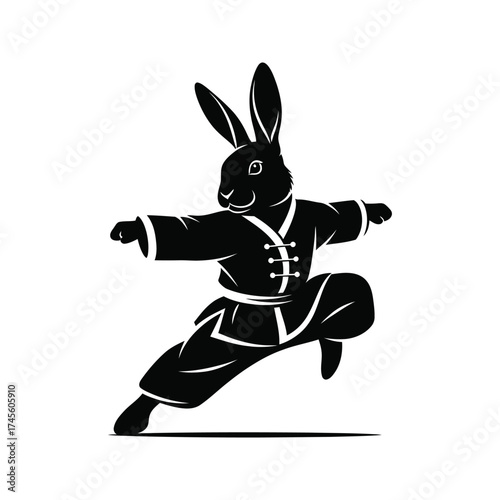 Black silhouette of a rabbit performing a martial arts pose in traditional chinese clothing