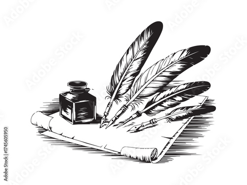 engraving vintage quill inkwell on parchment vector art illustration, old vintage quill design.	