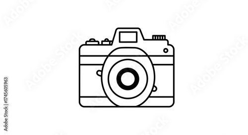 Simple black outline drawing of a retro photo camera, front view, on a clean white background.