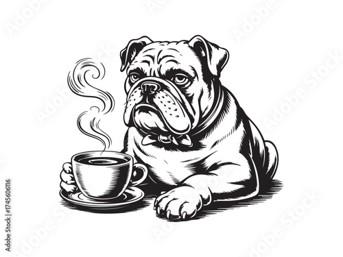 Bulldog Holding Coffee Cup Engraving Vector art Illustration