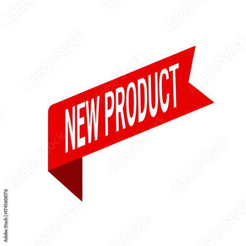 Red new product announcement vector banner, promotional ribbon for fresh merchandise marketing, isolated illustration for business advertising