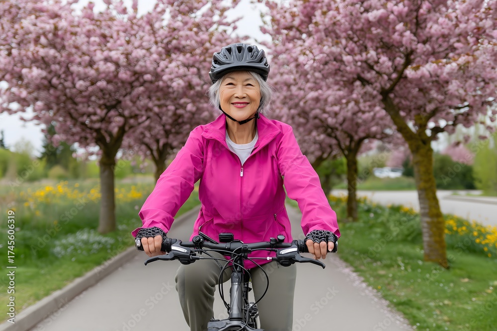 Naklejka premium Senior Woman Biking Under Cherry Blossoms in Spring