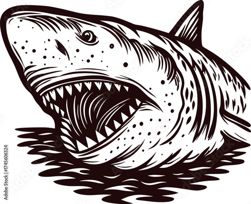 Fierce great white shark with open mouth emerging from water in vintage hand drawn engraving illustration
