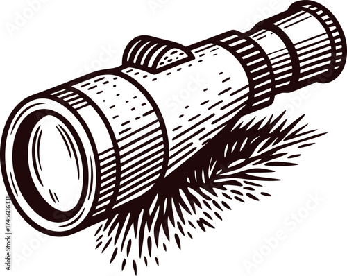 Vintage engraved monocular telescope with textured detail resting on grass in black and white illustration