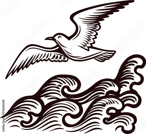 Hand drawn seagull flying over stylized ocean waves vintage engraving in black and white illustration