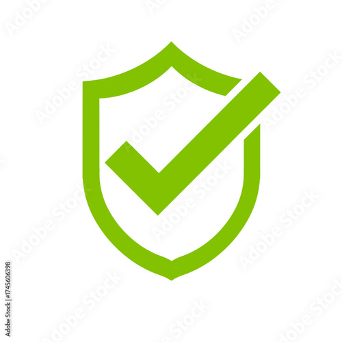 Blue outlined shield with green check, guarantee and protection icon, vector sign for security and approval assurance