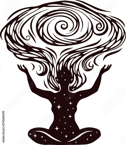 Silhouette of meditating figure with swirling abstract hair and cosmic stars, dreamlike mystical fantasy illustration