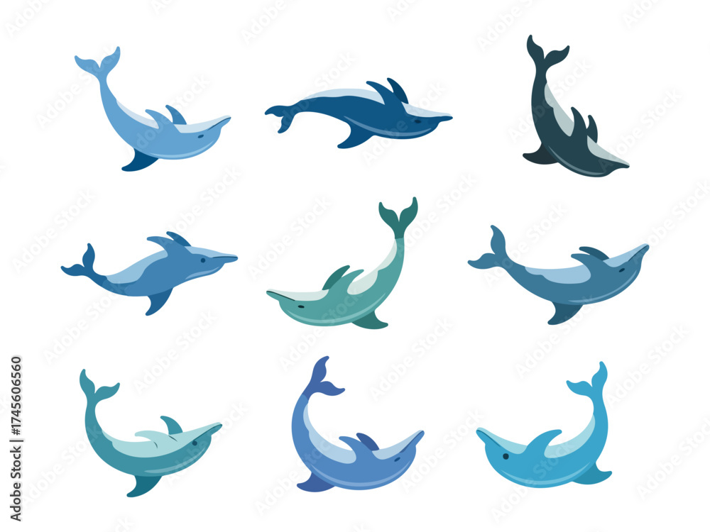 Fototapeta premium Dolphin Flat Illustration Icon Set, Marine Fish Vector art Collection, dolphic Clipart design bundle
