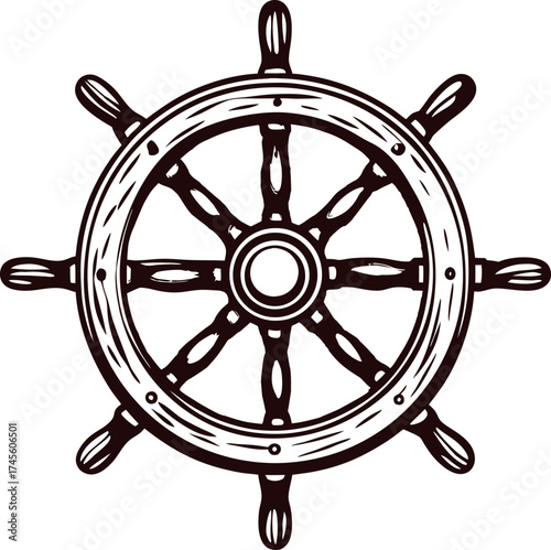 Vintage ship's wheel illustration with detailed wooden spokes and classic nautical design on white background