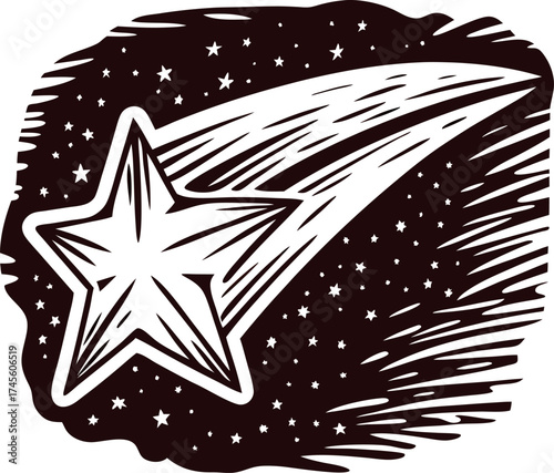 Woodcut illustration of a shooting star flying across a night sky filled with small stars and sparkling points