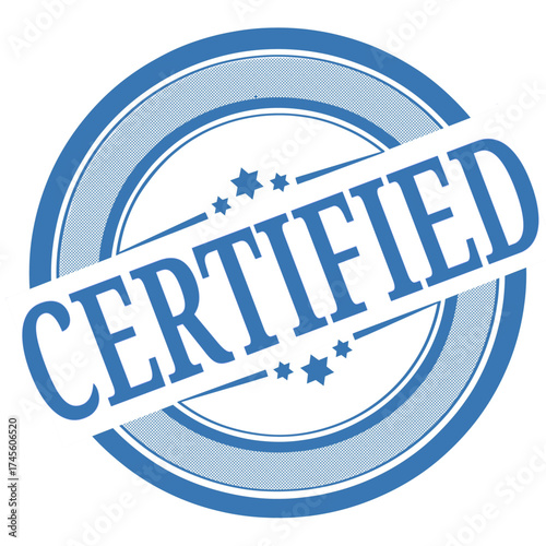 Blue certified stamp badge vector emblem, quality approval seal, authentic product certification, symbol for trust and reliability