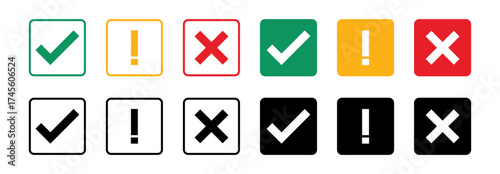 Set of flat round x mark, exclamation point, check mark icons. Acceptance, rejection and attention symbols 