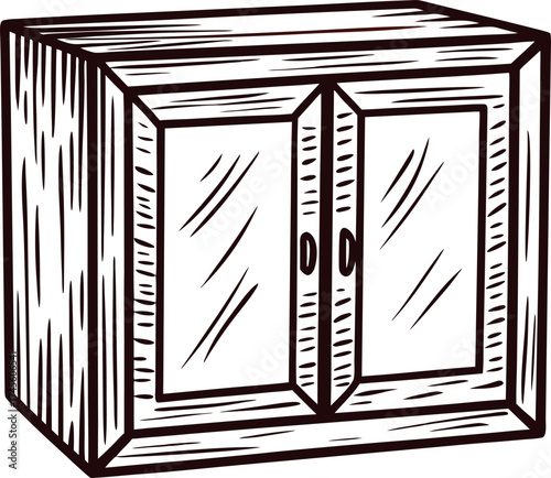 Hand drawn wooden wall cabinet with double glass doors, vintage sketch illustration, isolated on white background