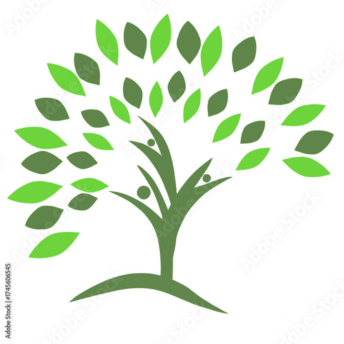 Abstract Green Tree with Multi-Tone Leaves and Human Figures Vector Illustration