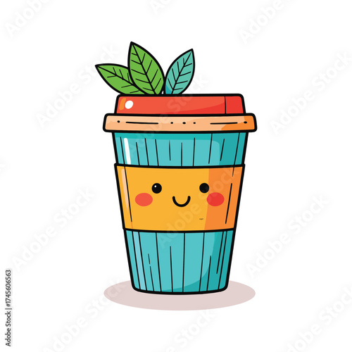 Cute Tea Cup with Leaves Kawaii Herbal Drink Cup Illustration
