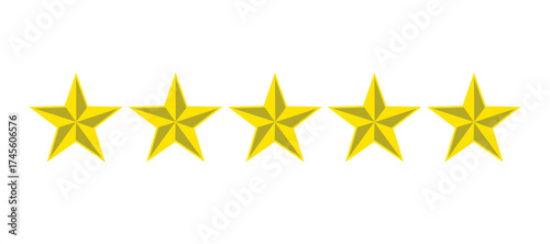 Five golden yellow star rating vector illustration for reviews, feedback, quality, hotel, ranking, customer service, award, achievement.