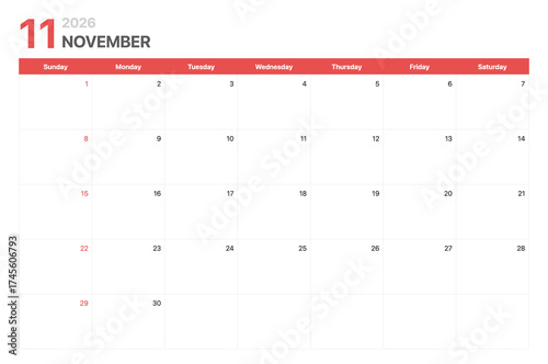 Calendar 2026. Calendar week 2026 starts on Sunday. Corporate minimalist clean calendar for November 2026