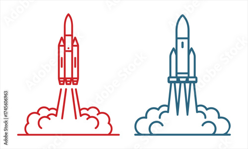 Space Rocket Launch Icon Set in Red and Blue Style Illustration