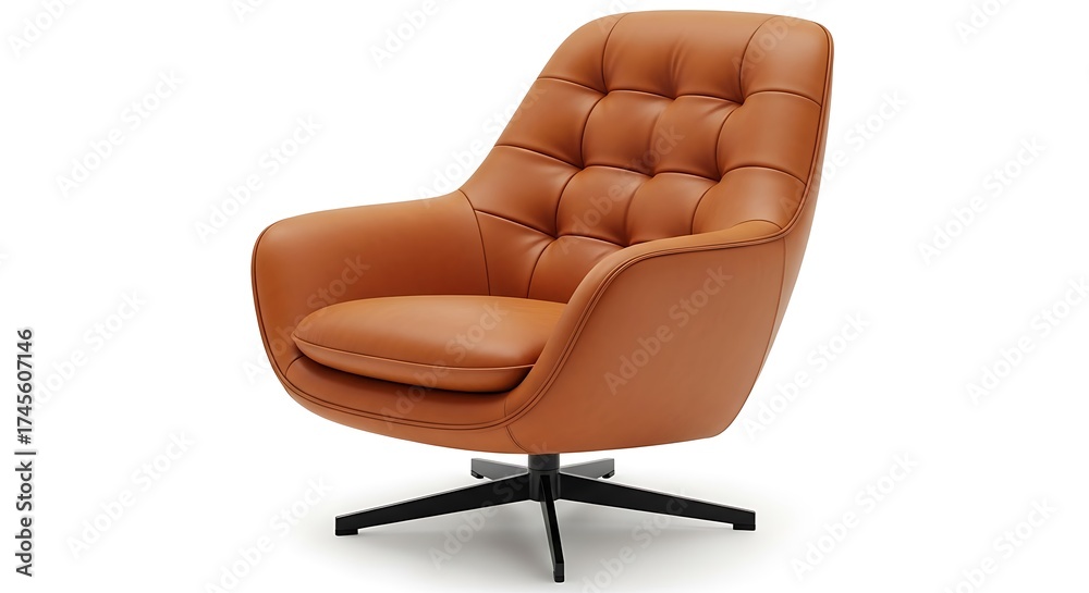 Naklejka premium Modern tan leather swivel armchair with tufted back isolated on white background