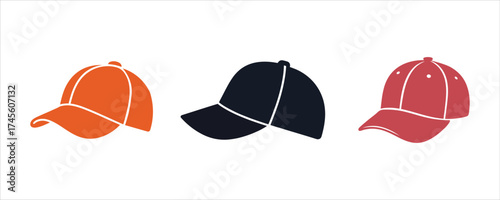 Three Colorful Baseball Caps in a Row on White Background