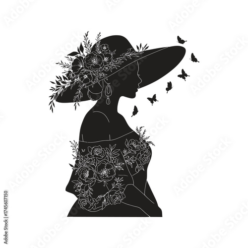 Elegant silhouette of a woman in a wide brimmed hat adorned with flowers and fluttering butterflies