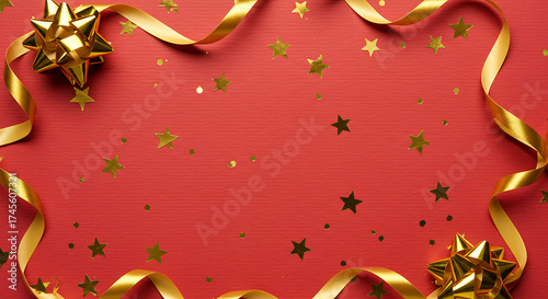 Red background with golden stars, ribbons, and gift bows for holidays  