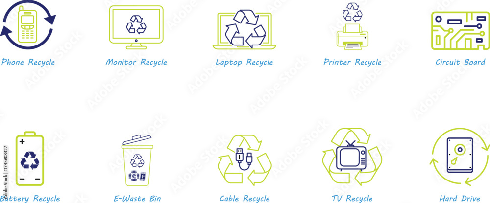 Fototapeta premium Collection of Electronic Waste Recycling icons with symbols for sustainability and circular economy