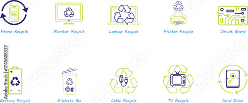 Collection of Electronic Waste Recycling icons with symbols for sustainability and circular economy
