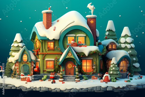 Illustration of a Christmas house decorated with lights and snow, featuring a lit chimney and a warm atmosphere, ideal for festive designs, advertising, and winter campaigns