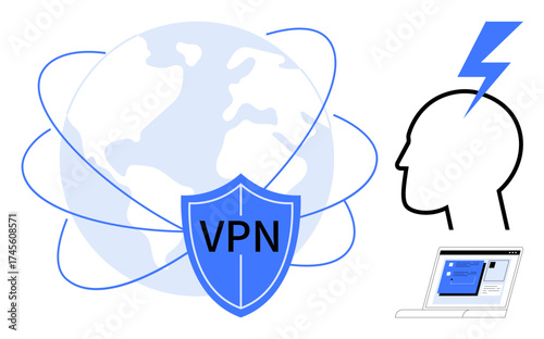 VPN shield over globe with connecting lines, human head with lightning, and laptop with security screen. Ideal for cybersecurity, privacy, safe browsing, technology, data protection, anonymity