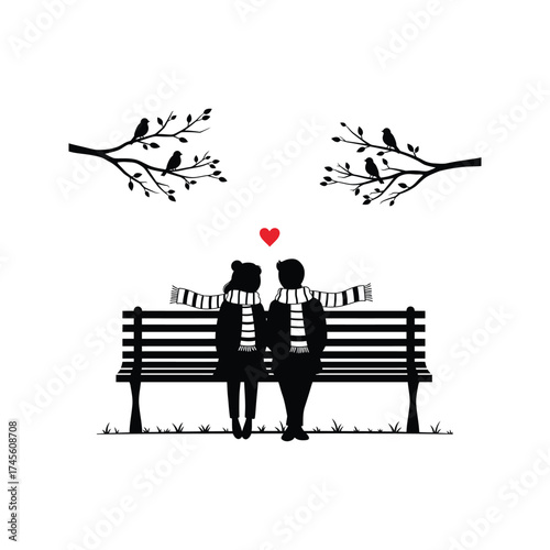 Romantic couple silhouetted on a park bench sharing a scarf with birds perched on tree branches above