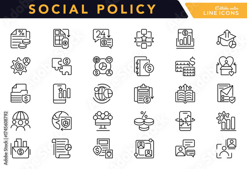 Social Policy line icon set. Containing education, reform, services, welfare, health care, insurance, world, politics,  member, vector line icon collection